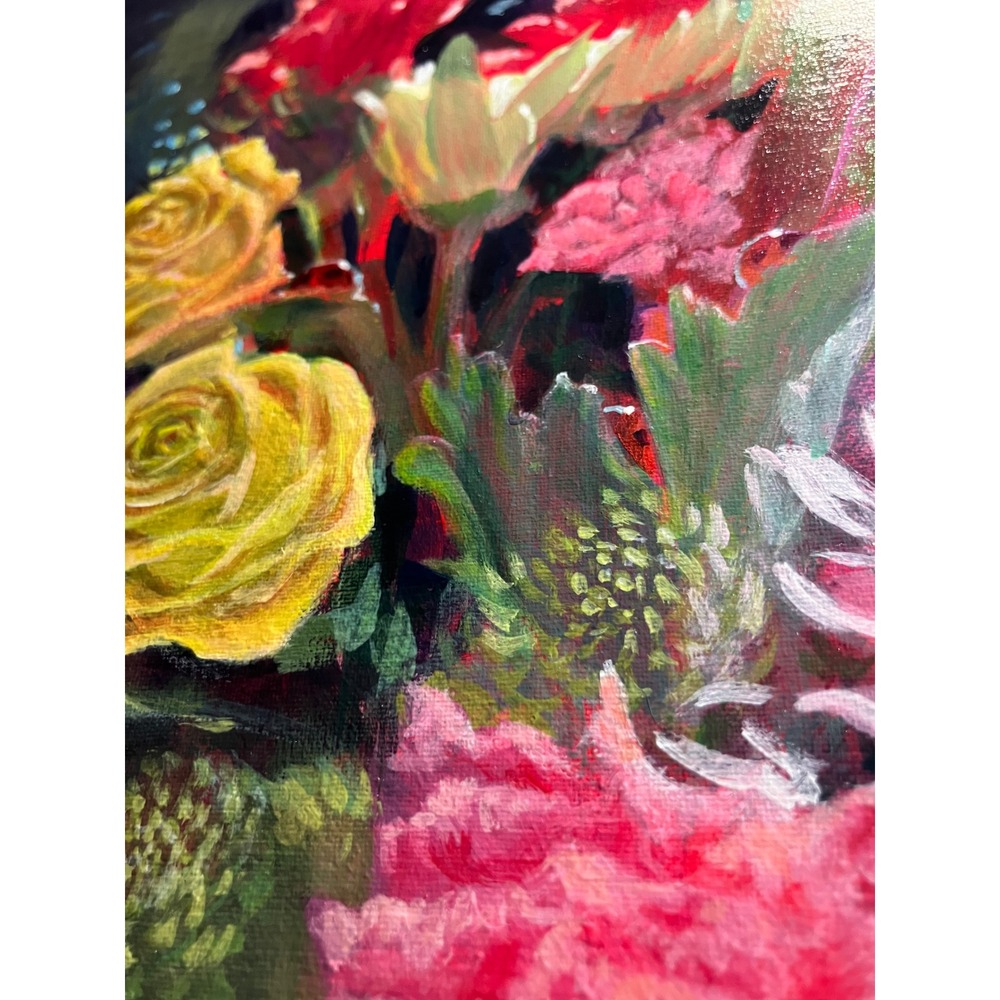 Original Painting floral still life ladybugs Rose bouquet Art 2026 USA Artettina - Picture 4 of 7